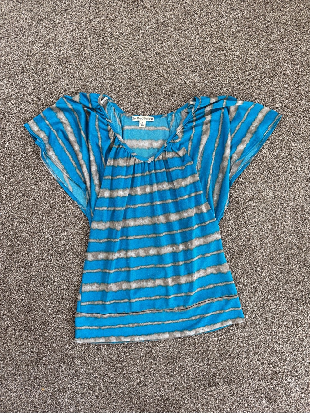 Y2K Simply Suzie Teal & Grey Striped Flutter Sleeve Women's Top